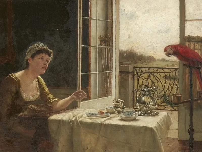 1856-Karl Bennewitz Von Löfen - Giovane donna con un pappagallo